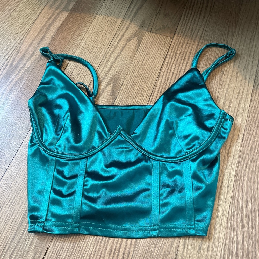 dark green satin corset top (it looks like turquoise) . good condition. size: m